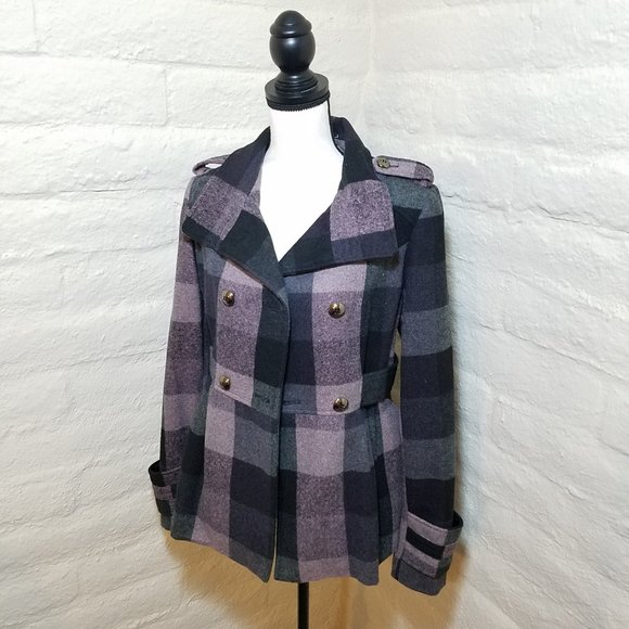 Juniors Plaid Peacoat Jacket Medium Coat Black Pink Check Button Hydraulic - Picture 1 of 7
